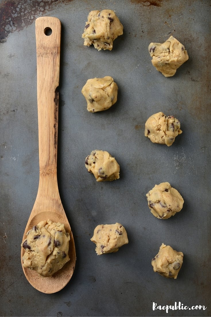 Baking sheet of chocolate chip cookie dough balls