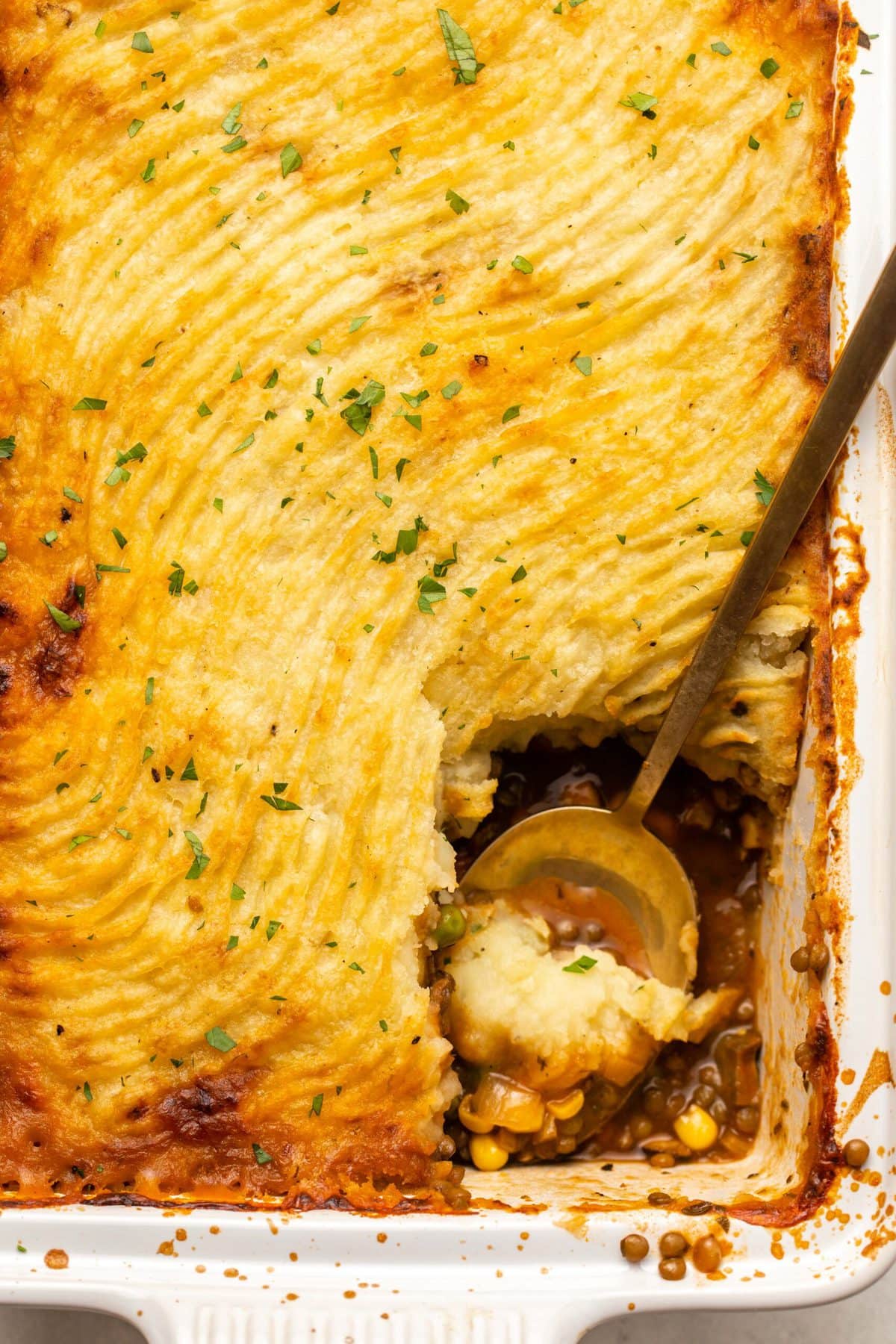 A vegan holiday dish of mashed potatoes with a spoon in it, made from delicious recipes.