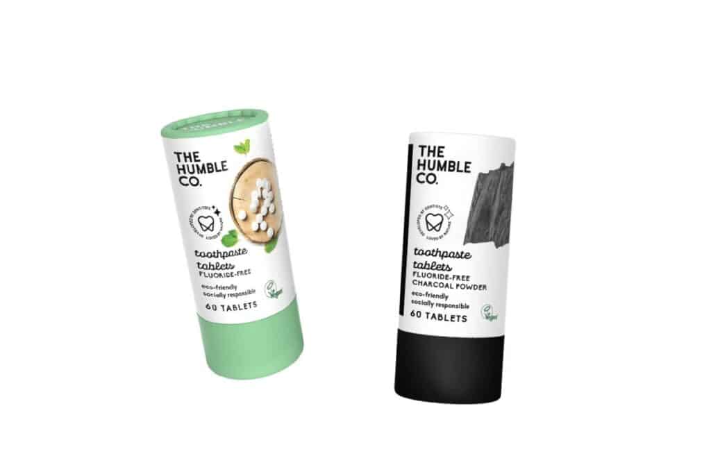 Cardboard container of zero-waste toothpaste tablets. 