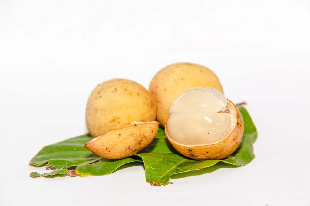 Three creamy yellow frozen langsat fruits with one peeled showing the translucent white flesh. 