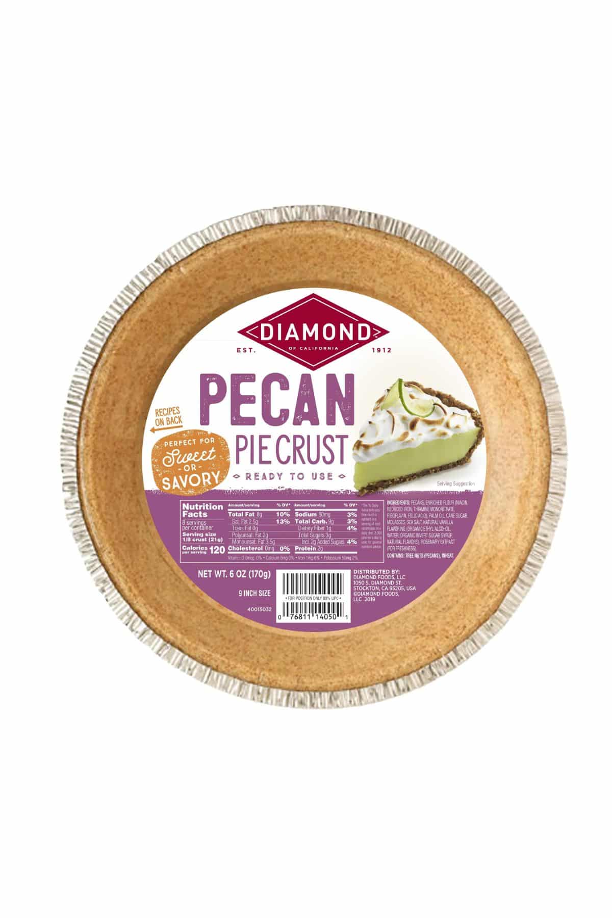 Diamond Pecan Pie Crust with white and purple label in a tin pie pan.
