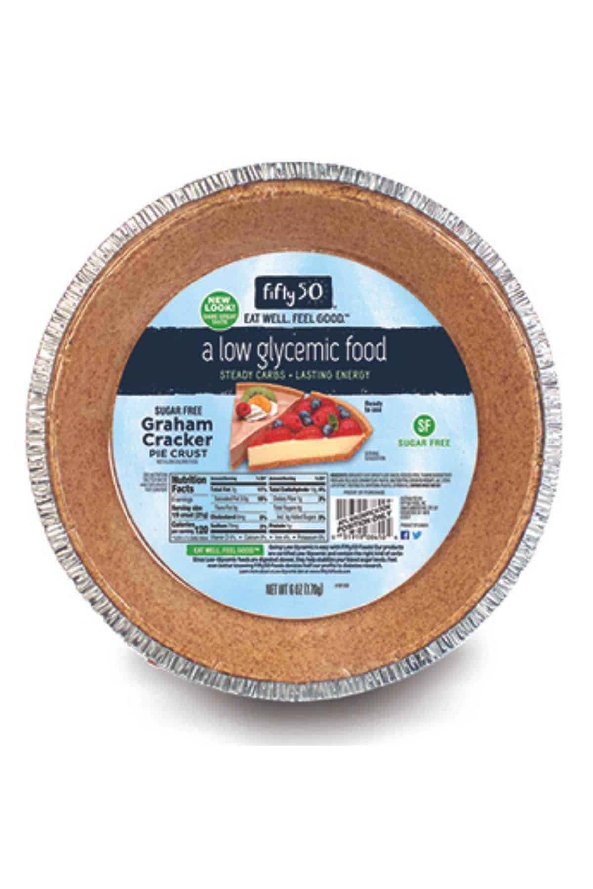 Fifty 50 Vegan Pie Crust with a lgith blue label and tin pie pan.