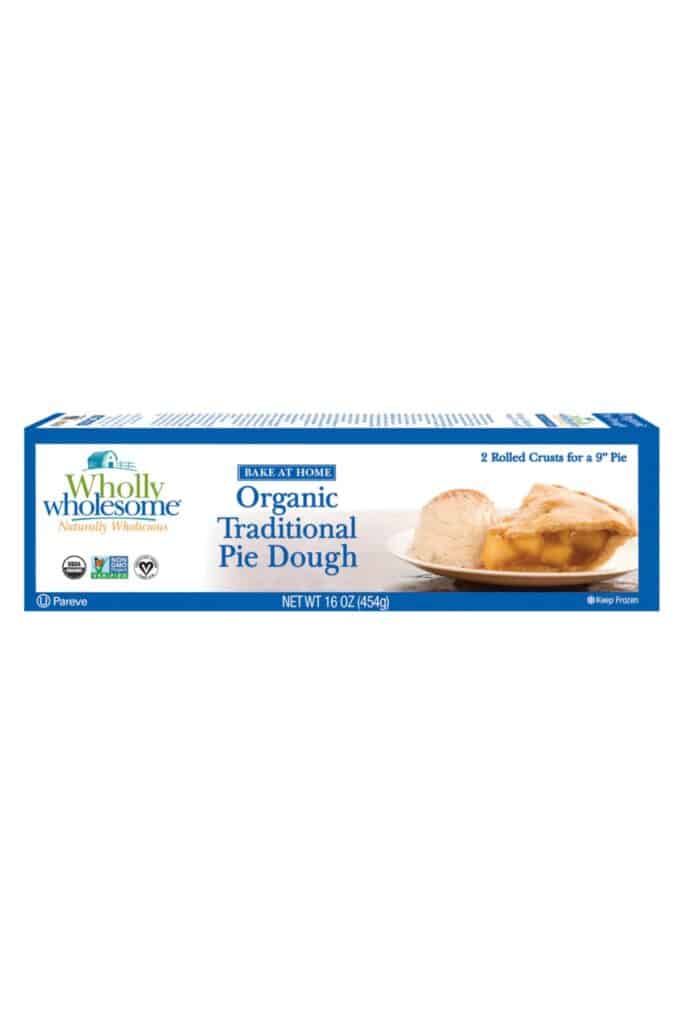 White and blue box of organic traditional Pie Dough.