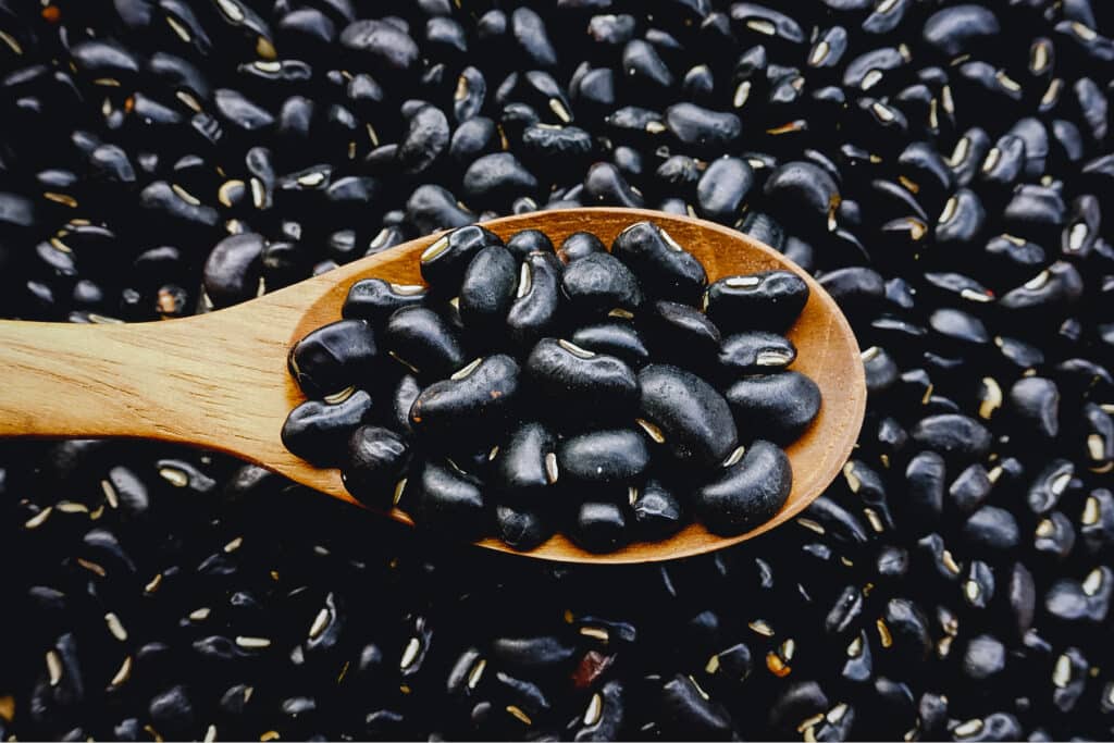 Black beans covering the entire area some of which are in a wooden spoon.