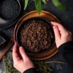 Hands holding a black bowl filled with cooked black lentils.