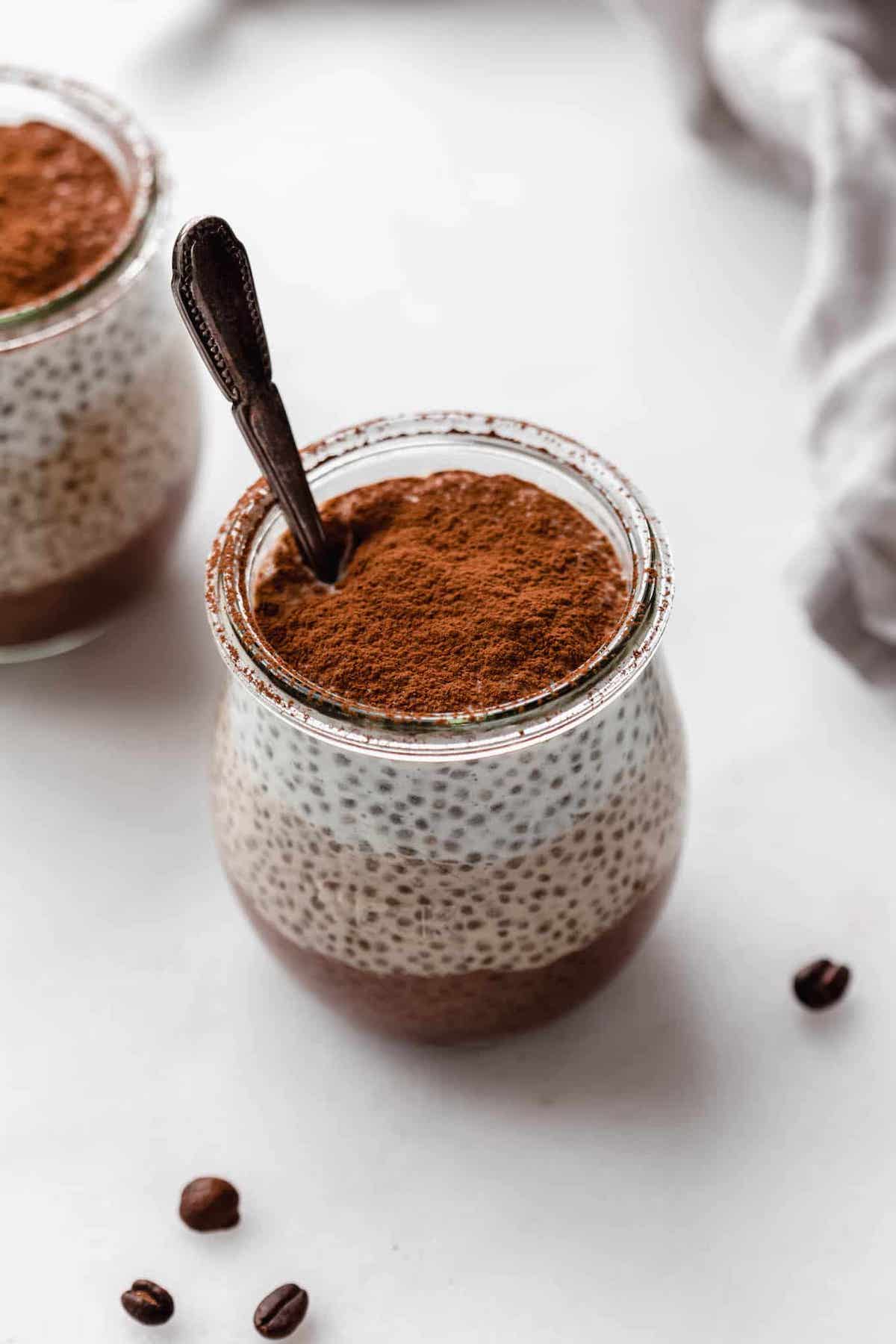 Triple layer tiramisu chia pudding with three layers.