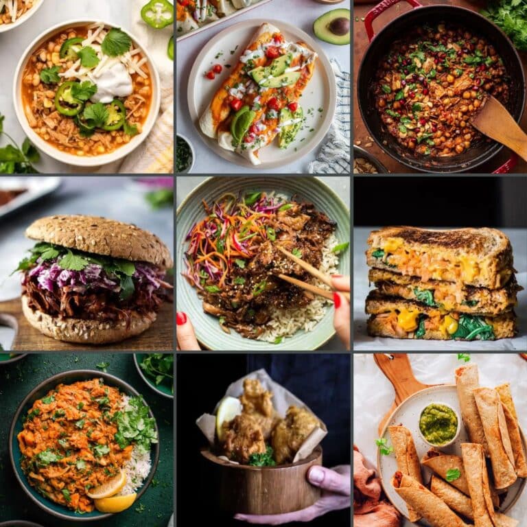 A 3x3 grid of delectable dishes: soups, tacos, vegan jackfruit stews, sandwiches, stir-fry, a grilled cheese, a salad, fried foods, and taquitos. Each is artfully garnished and presented with diverse ingredients.