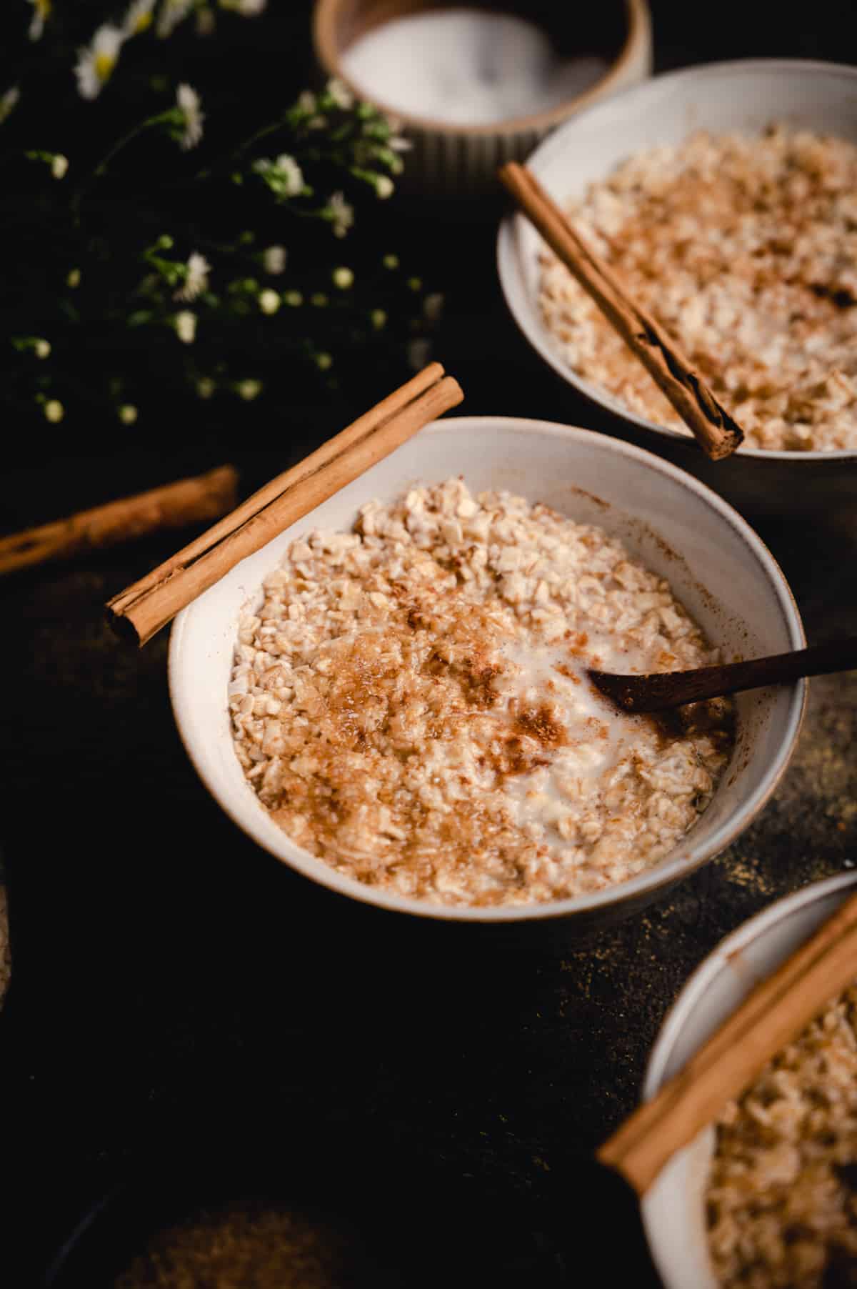 Angled view of cinnamon brown sugar oatmeal.