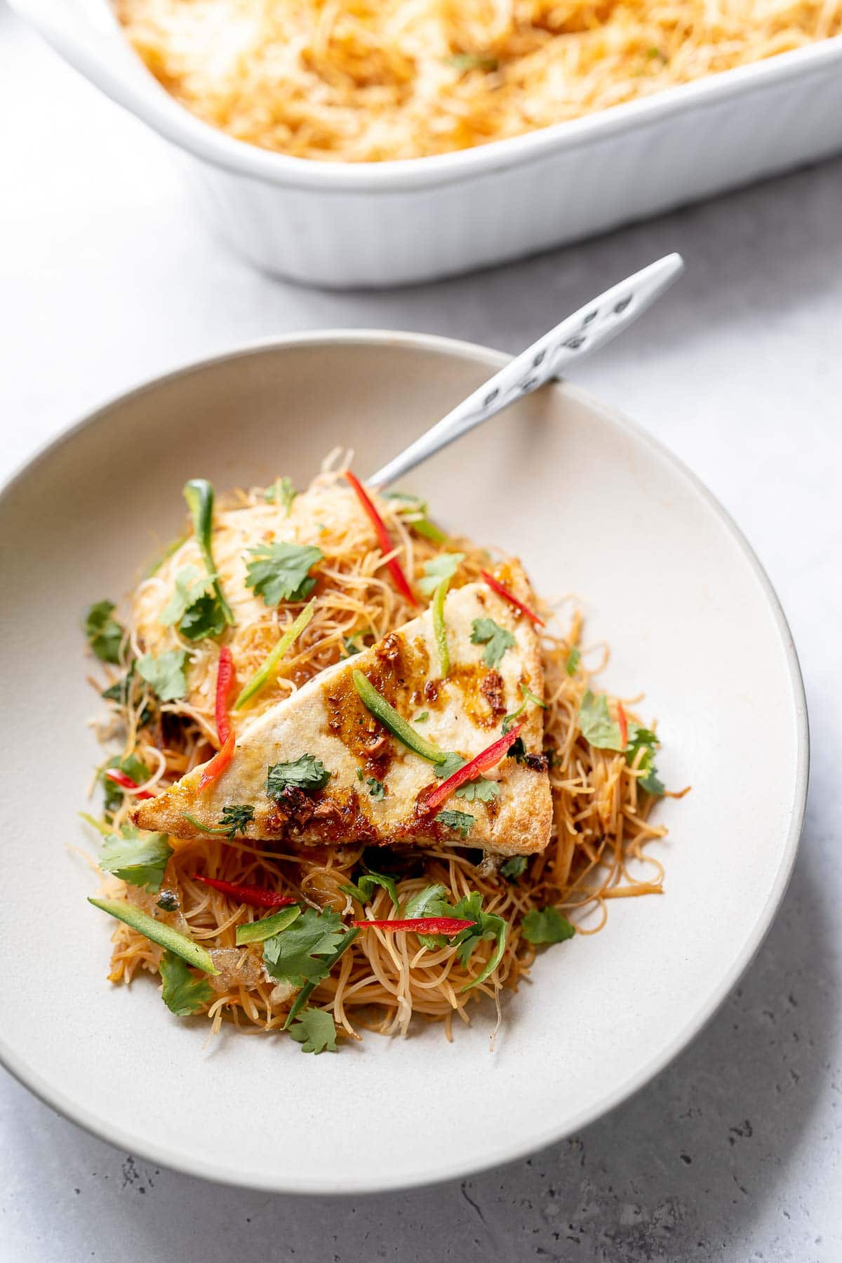 A vegan asian noodle casserole made with tofu.