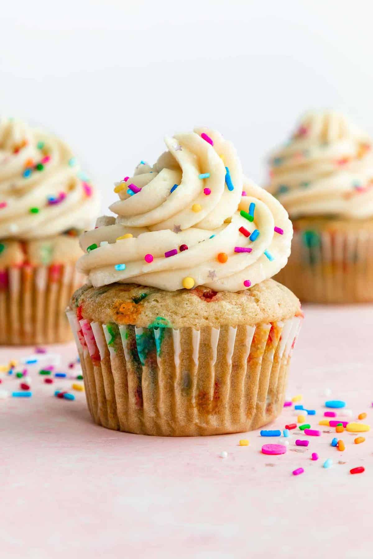 Vanilla funfetti cupcakes with buttercream frosting and tons of sprinkles.