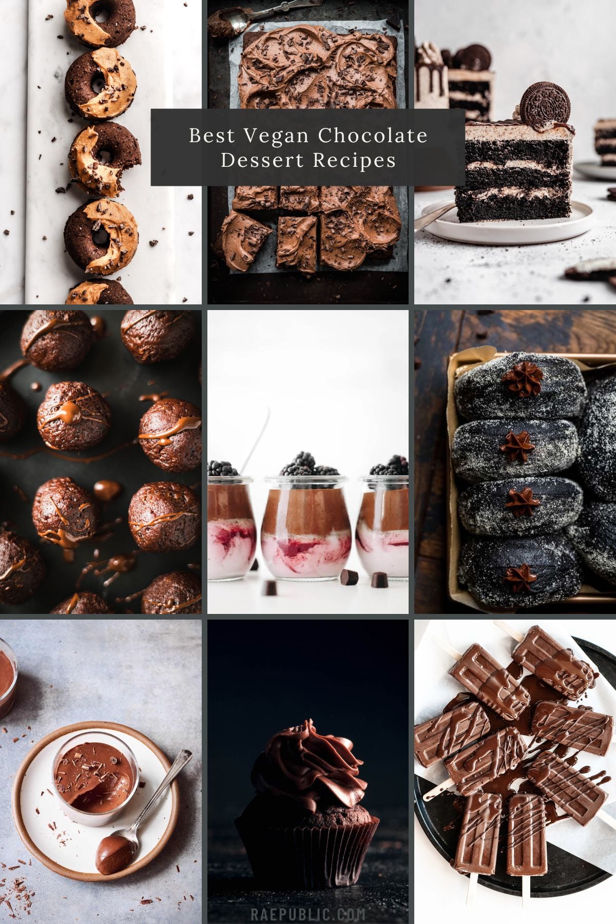 A delightful collage of vegan chocolate desserts showcases tempting cakes, truffles, popsicles, parfaits, donuts, and cupcakes adorned with exquisite toppings. The text reads "Best Vegan Chocolate Dessert Recipes," inviting all to indulge in these plant-based treats.