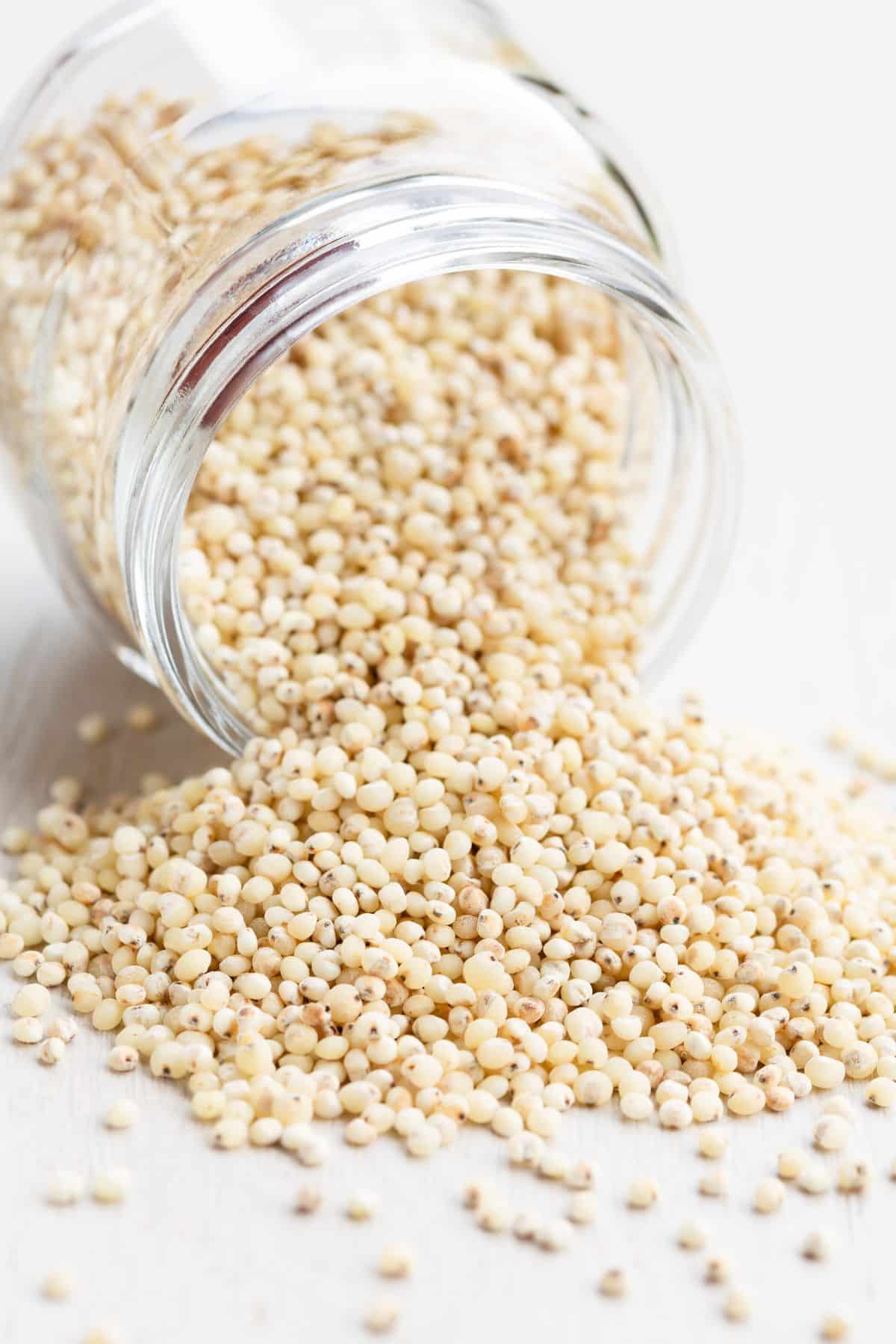 Cream colored sorghum in a glass jar tipped over on a white counter.