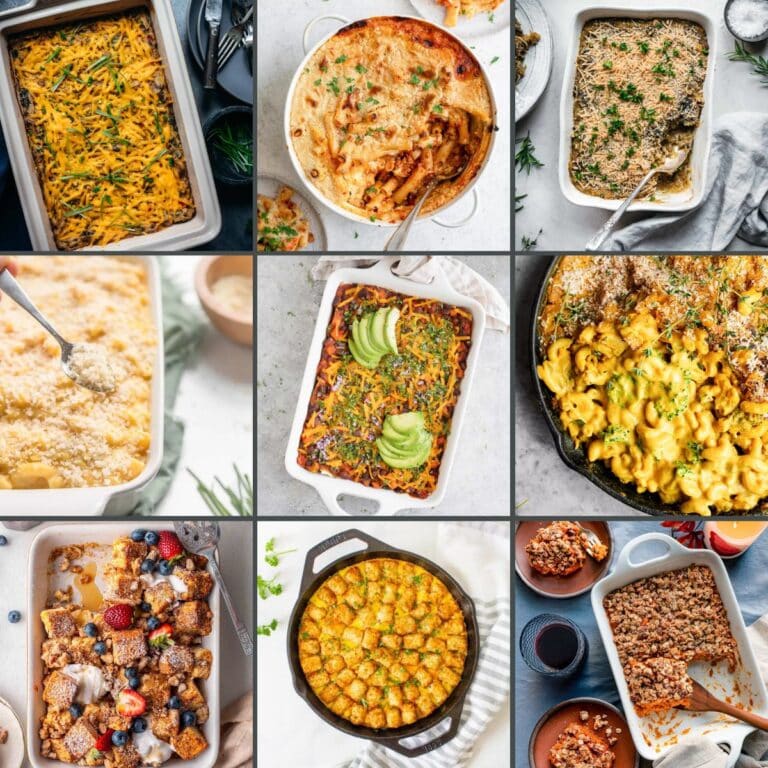 Collage of nine different baked dishes of casseroles.
