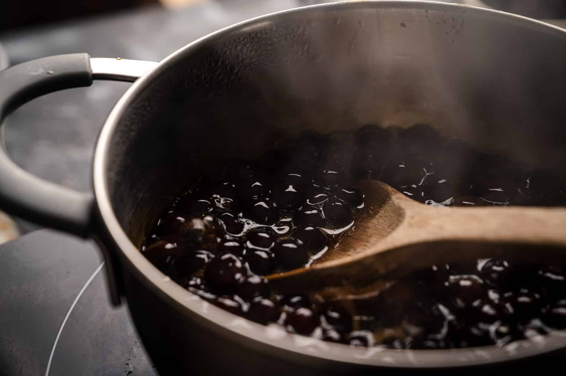 Tapioca pearls cooking for brown sugar bubble tea.