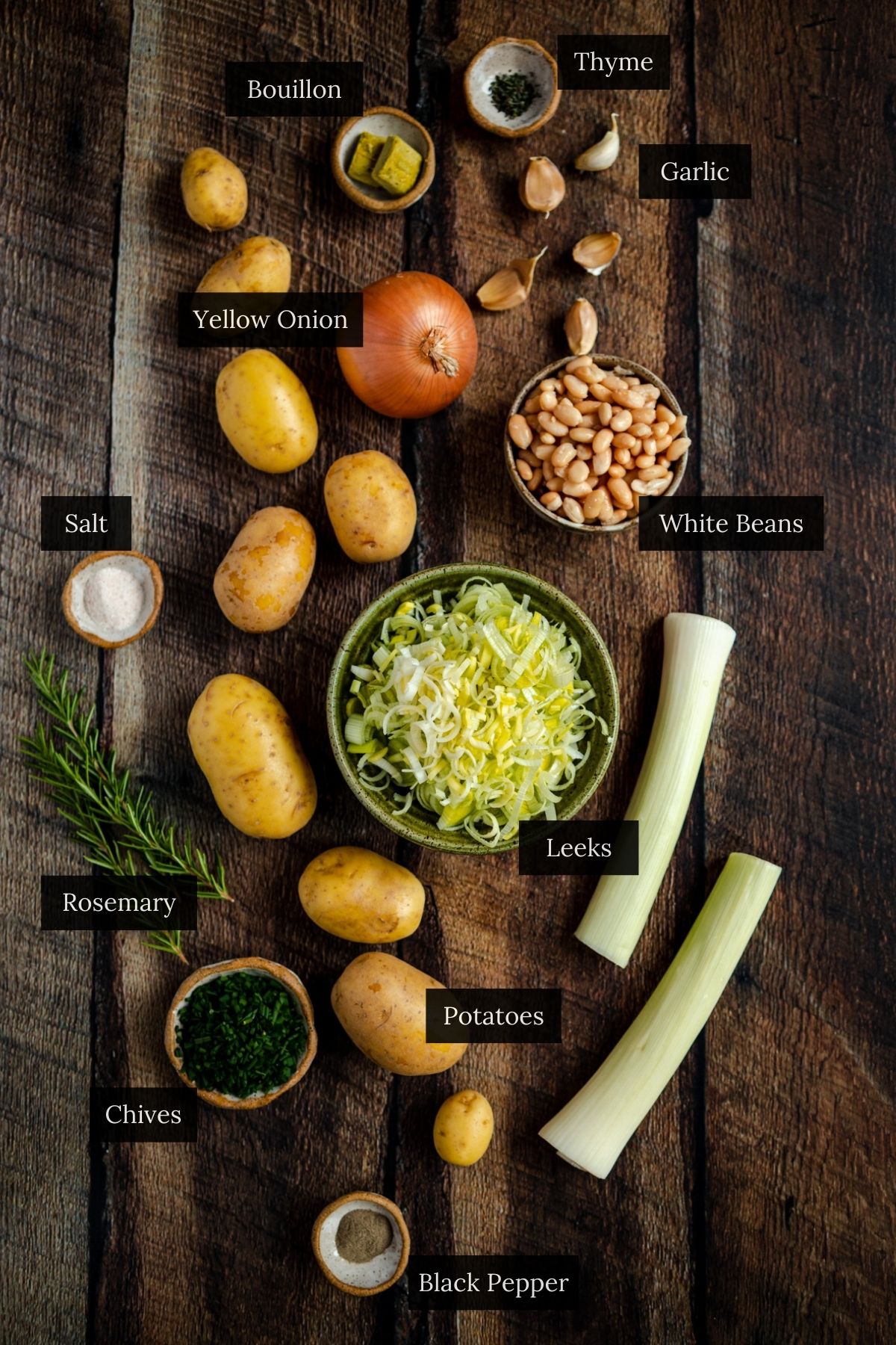 A wooden surface displays ingredients labeled with text: potatoes, yellow onion, leeks, and garlic for a delectable vegan potato leek soup. White beans, bouillon, salt, black pepper, thyme, rosemary, and chives complete this savory blend.