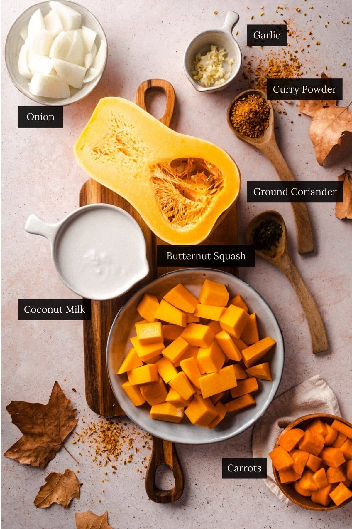 Overhead view of ingredients for a dairy-free butternut squash soup, including butternut squash, carrots, onion, garlic, coconut milk, curry powder, and ground coriander.