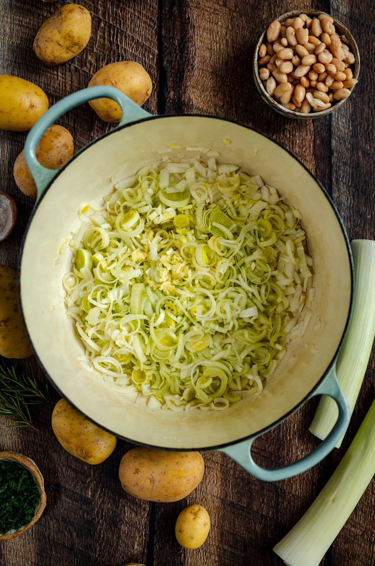 First step of potato leek soup recipe.