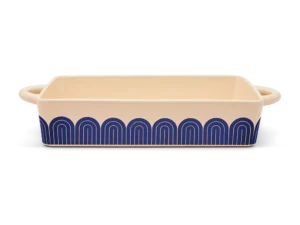 A rectangular ceramic baking dish with two handles, featuring a beige interior and exterior adorned with blue arch patterns around the sides, perfect for your favorite vegan casseroles.