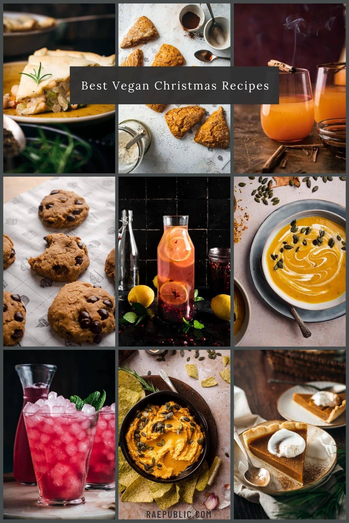 A festive collage of mouthwatering vegan Christmas recipes showcases a delightful array of pie, scones, cookies, drinks, soup, and dips arranged in a vibrant grid.