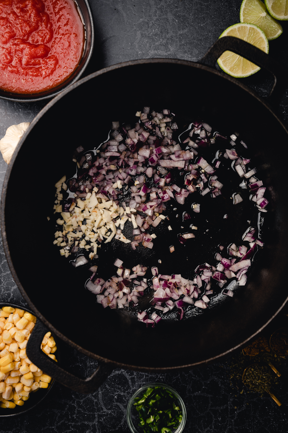 Onion and garlic sautéing for easy vegan chili.