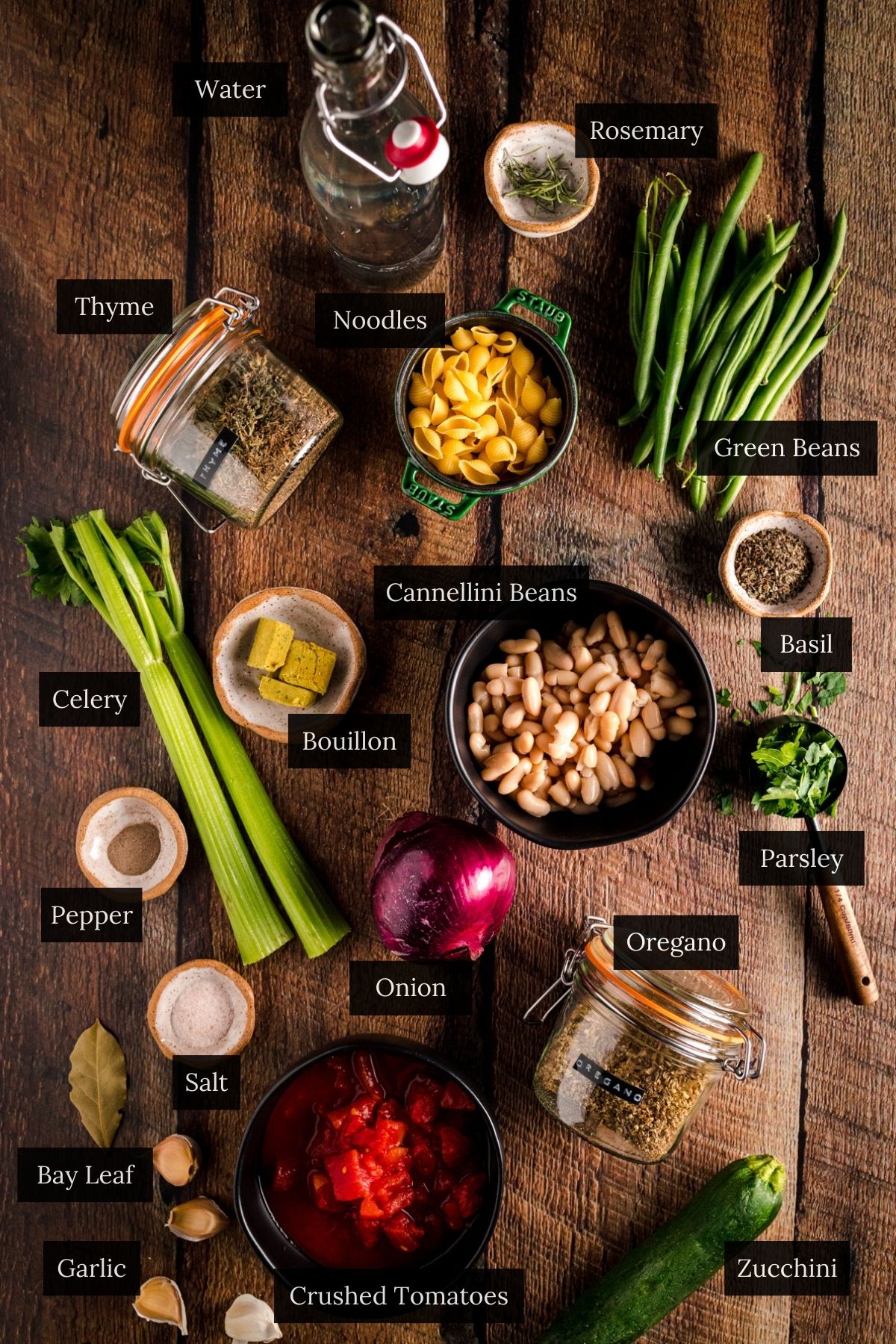 A variety of ingredients labeled on a wooden surface, perfect for crafting minestrone soup, including herbs, beans, vegetables, spices, and pasta.