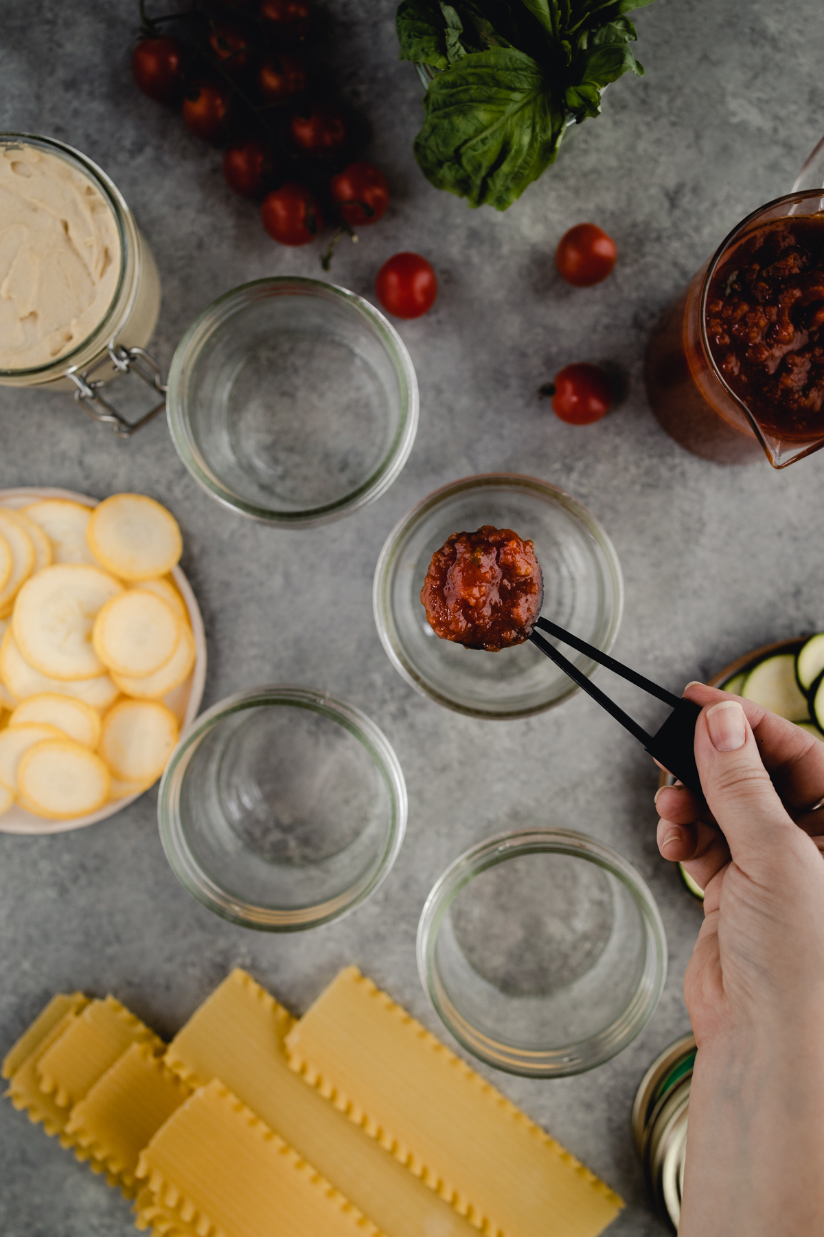Le Parfait jars for homemade mini lasagnas.