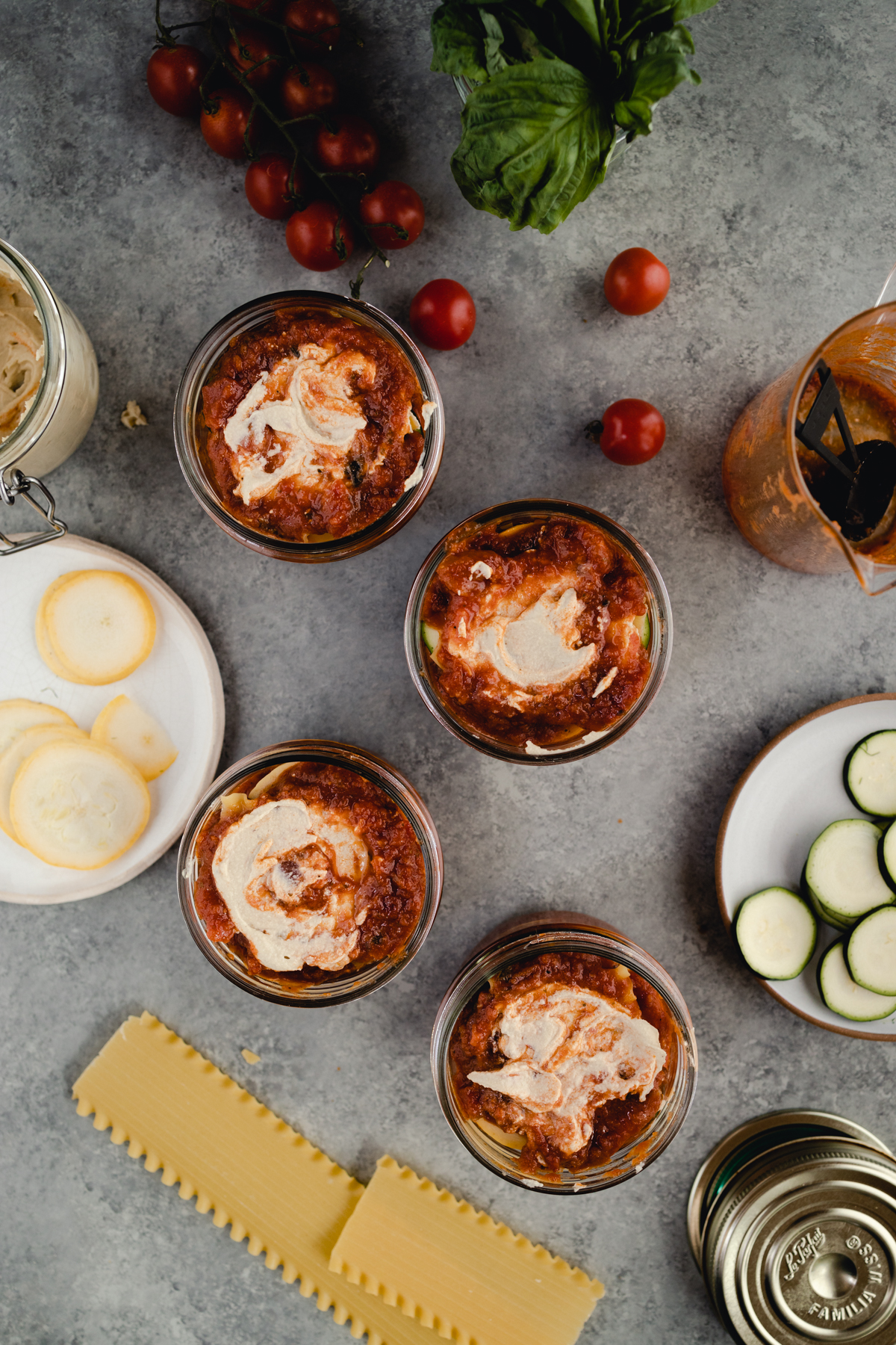 Step-by-step-photo of homemade mini lasagna made in a jar.