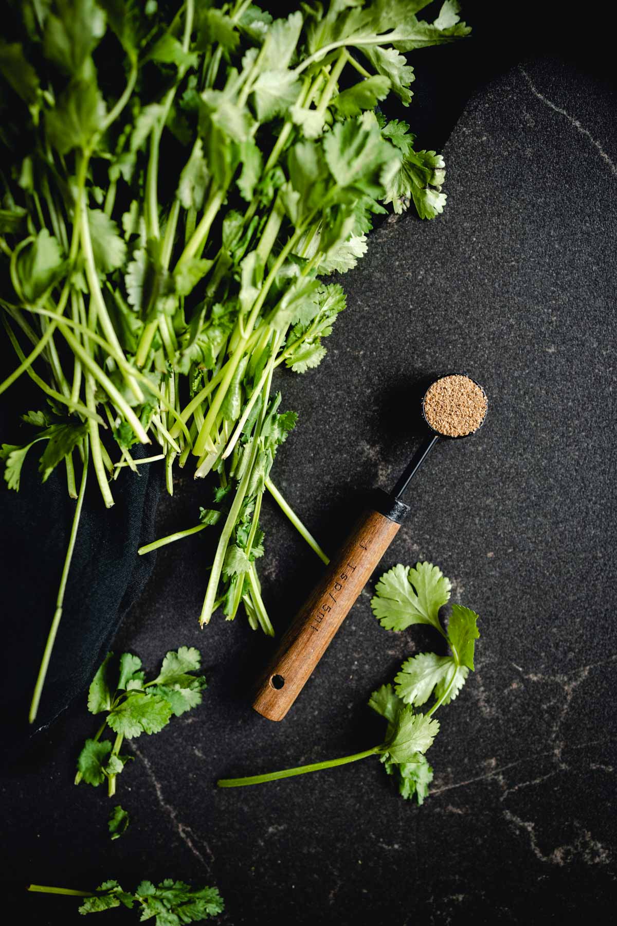 Fresh coriander and a wooden spoon on a black surface, with substitutes for cilantro.
