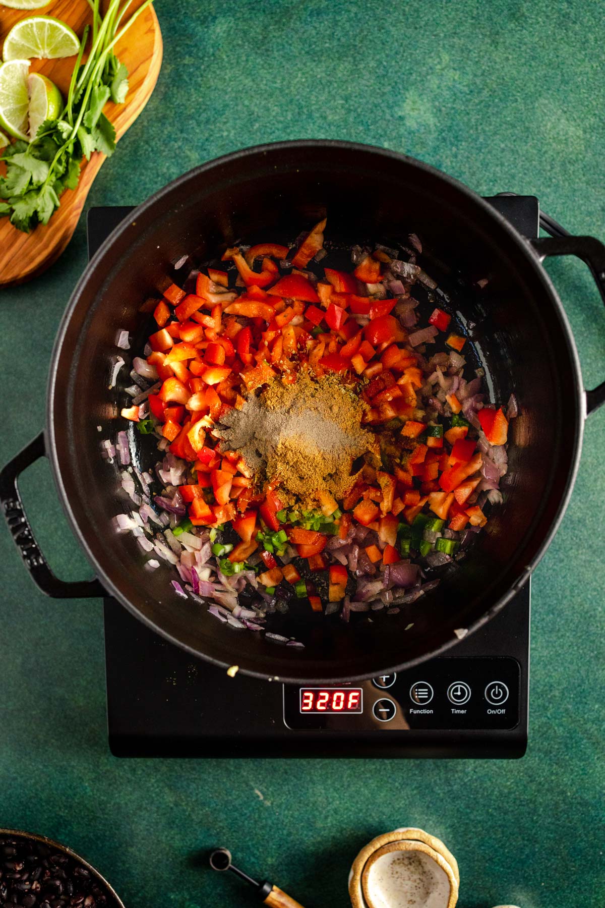 A pot of food cooking.