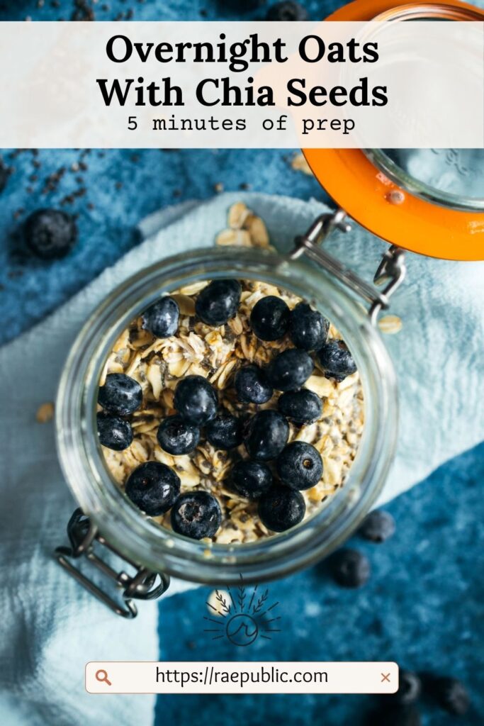 A jar of overnight oats with blueberries and chia.