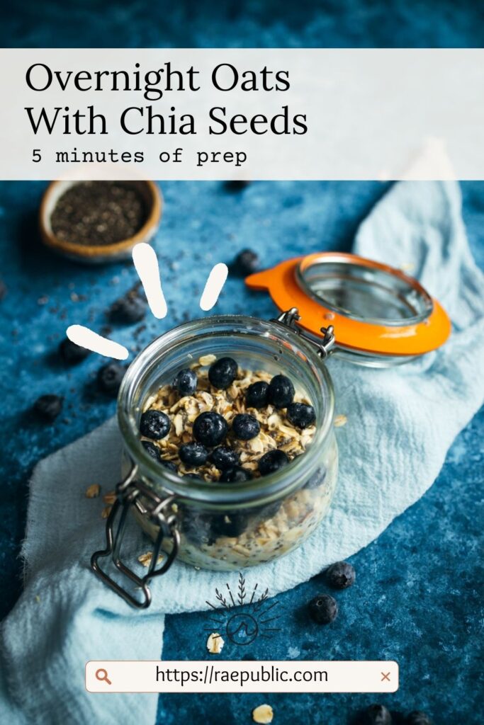 A jar of overnight oats with blueberries and chia seeds.