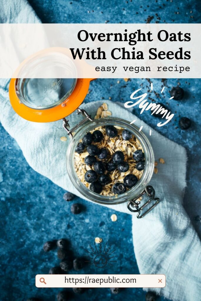 A jar of overnight oats with blueberries and chia.