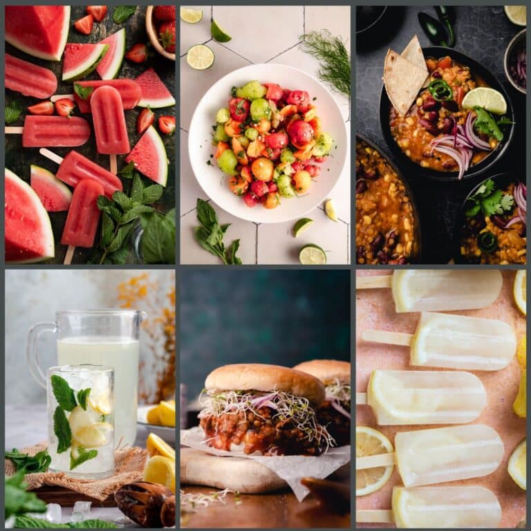 Collage of six food images: watermelon popsicles, fruit salad, spicy stew, lemonade with mint, burgers with sprouts that pair perfectly when served with pasta salad, and lemon popsicles.