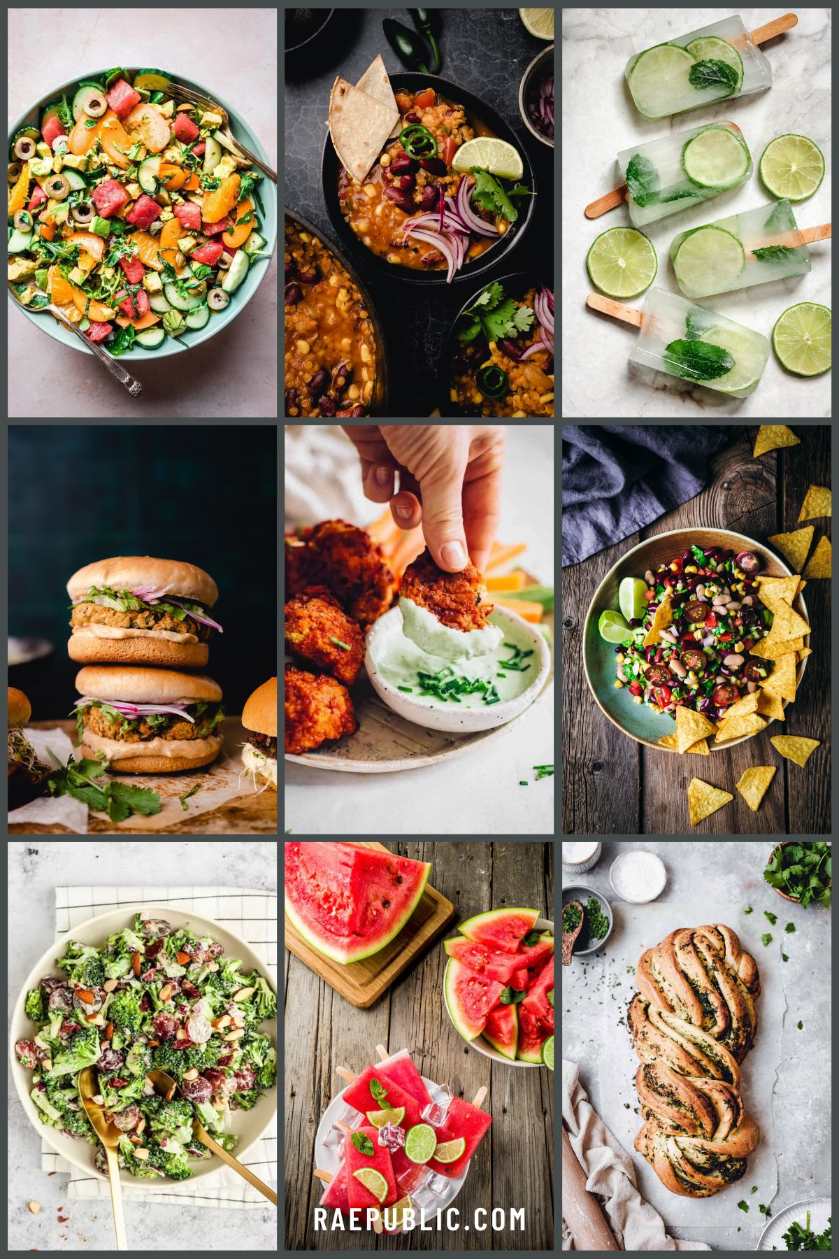 A collage of various food dishes, including salads, burgers, soups, and desserts, artfully arranged and photographed.
