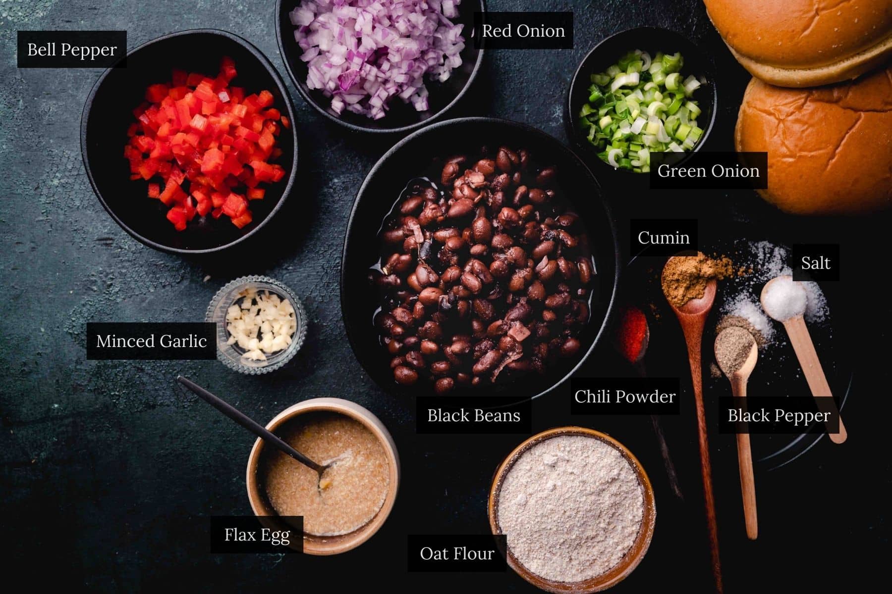Ingredients for healthy black bean burgers: bell pepper, minced garlic, red onion, green onion, black beans, cumin, chili powder, salt, black pepper, flax egg, oat flour, and burger buns displayed.