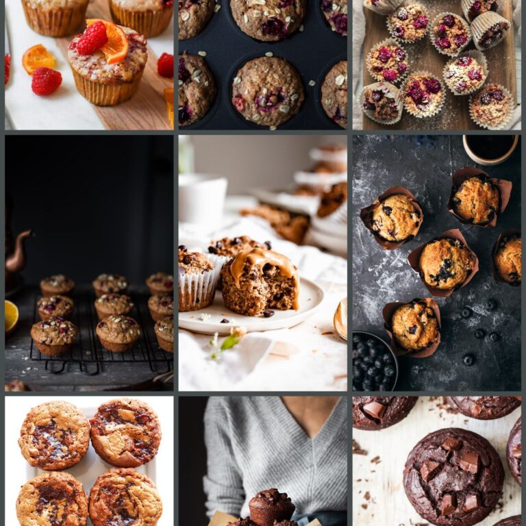 Collage of various muffins, including blueberry, chocolate chip, and raspberry, displayed on different plates and settings.
