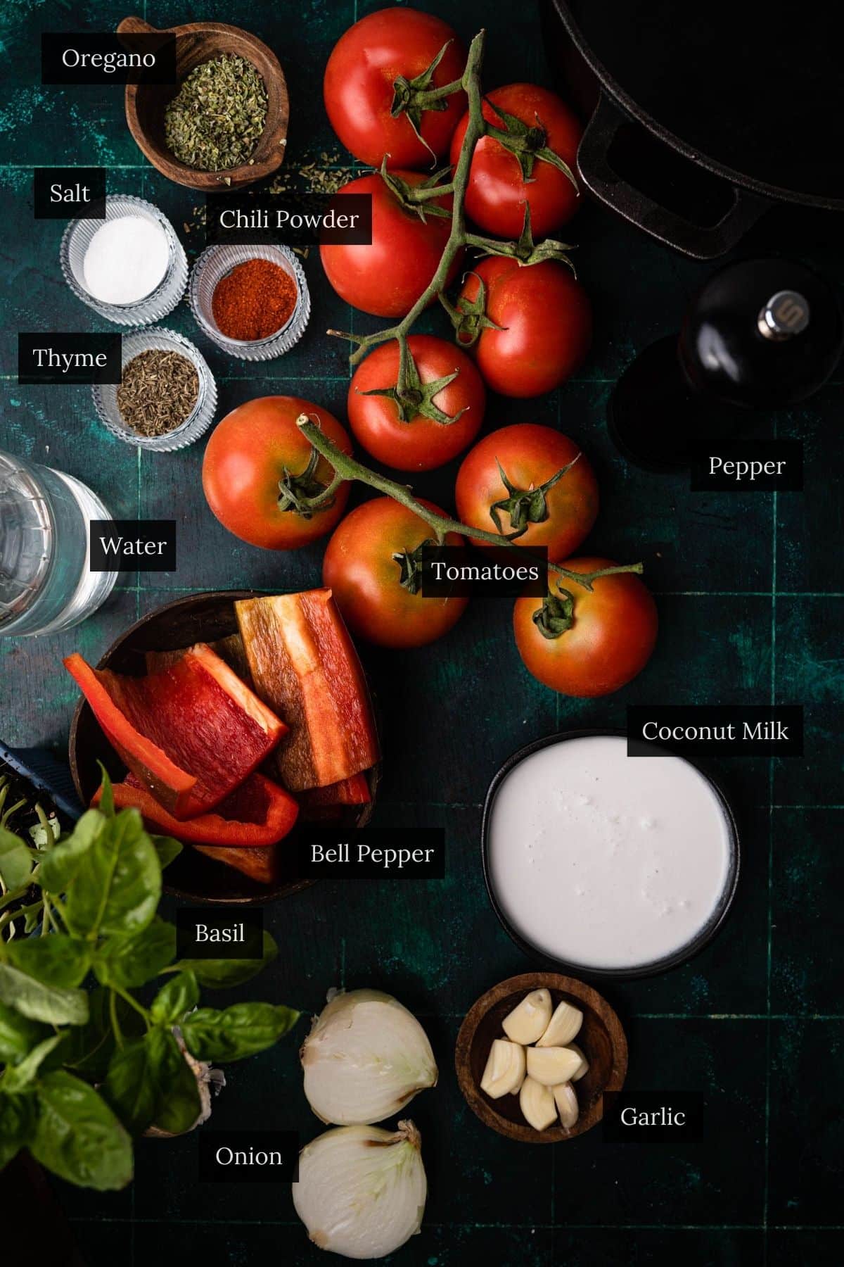 A variety of ingredients for a delicious vegan tomato soup, including tomatoes, bell pepper, onion, garlic, basil, oregano, thyme, salt, chili powder, pepper, coconut milk, and water are arranged on a dark surface.