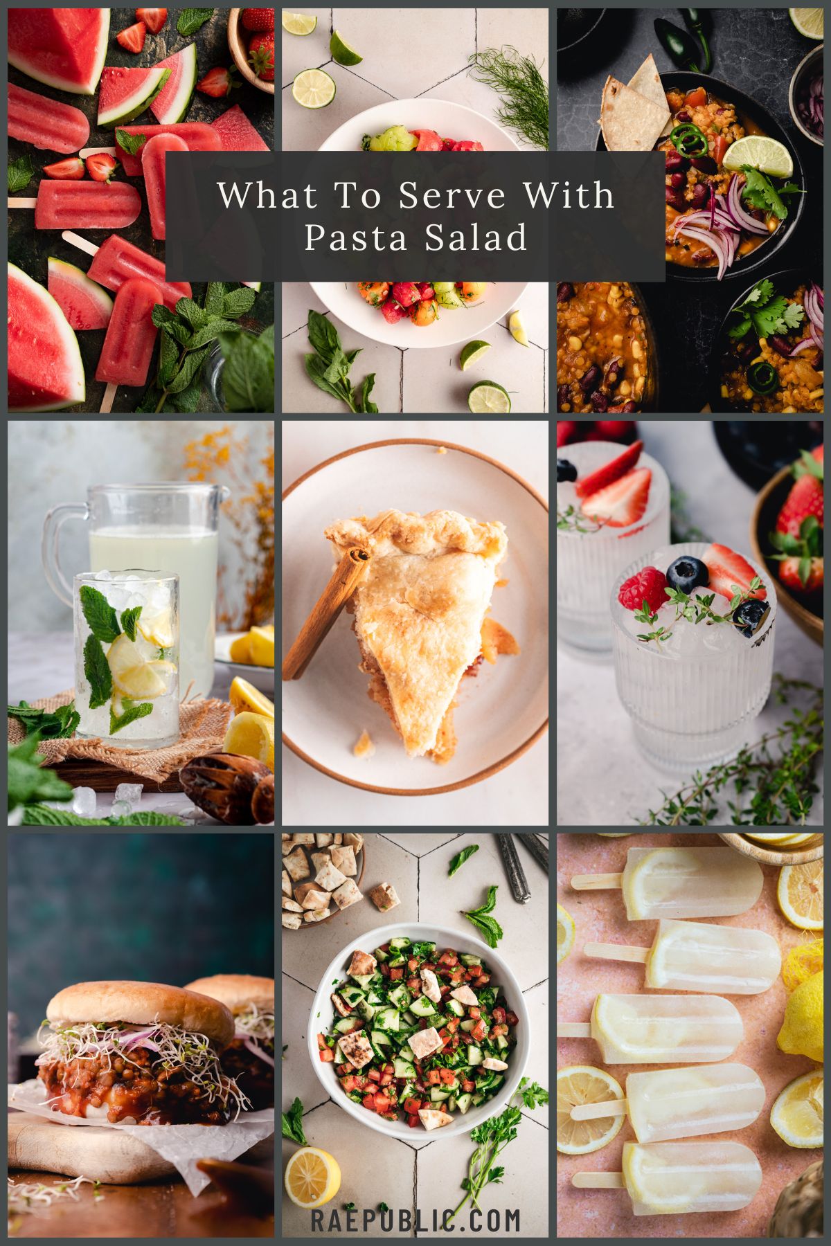 A vibrant collage of watermelon popsciles, pie, burgers, refreshing drinks, and tasty desserts.