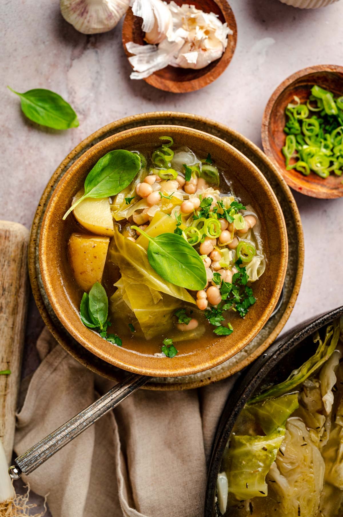 A bowl of vegetable soup with potatoes, beans, cabbage, green onions, and basil. Nearby are garlic bulbs, peeled garlic, a small bowl of green onions, and a pot with cooked cabbage.
