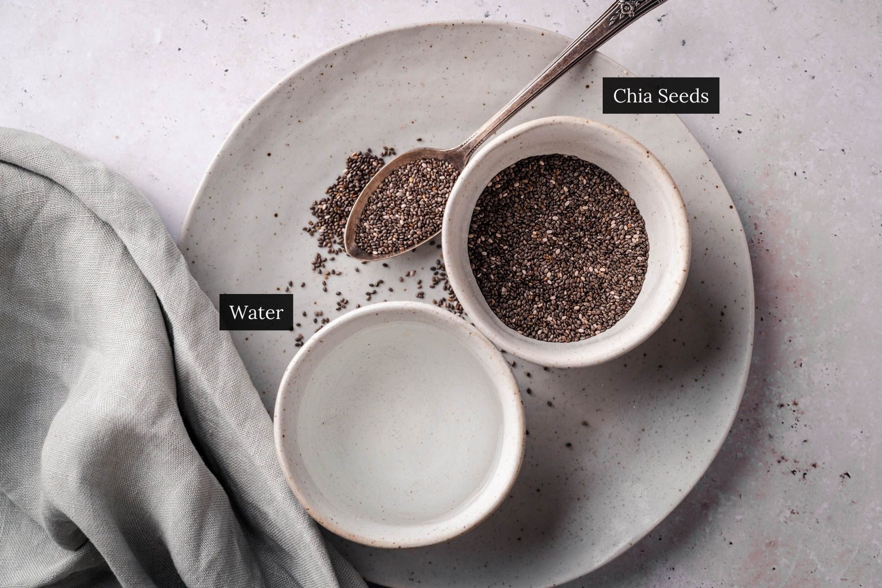 A plate with a small bowl of chia seeds, a spoon featuring chia seeds, and a bowl of water.