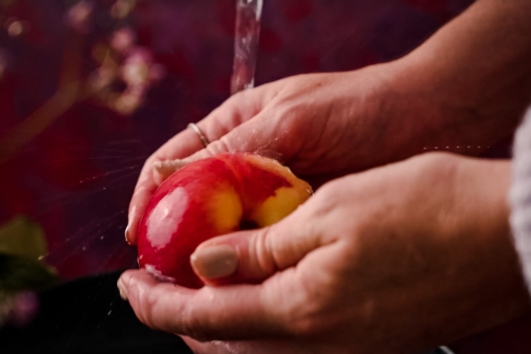 Hands washing a peach under running water.