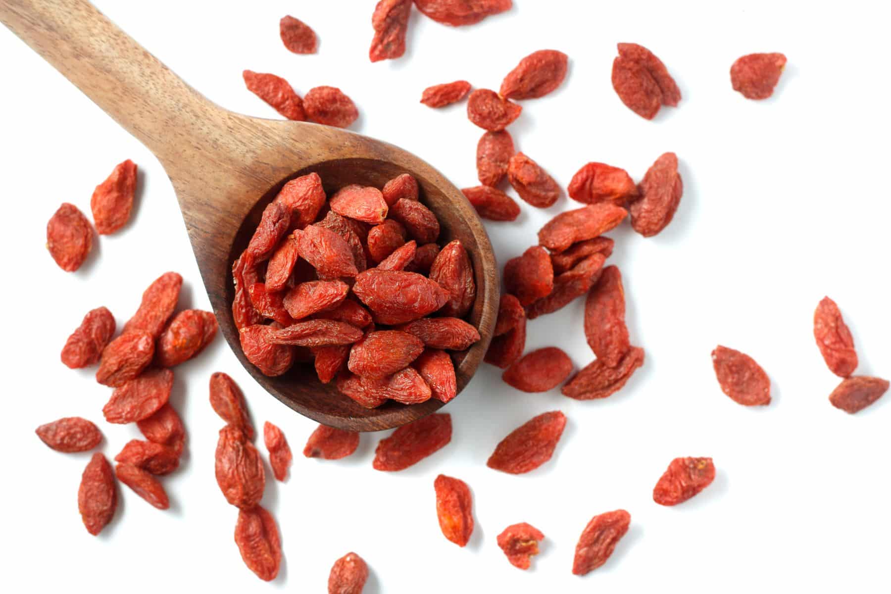 A wooden spoon filled with dried goji berries, surrounded by scattered berries on a white background.