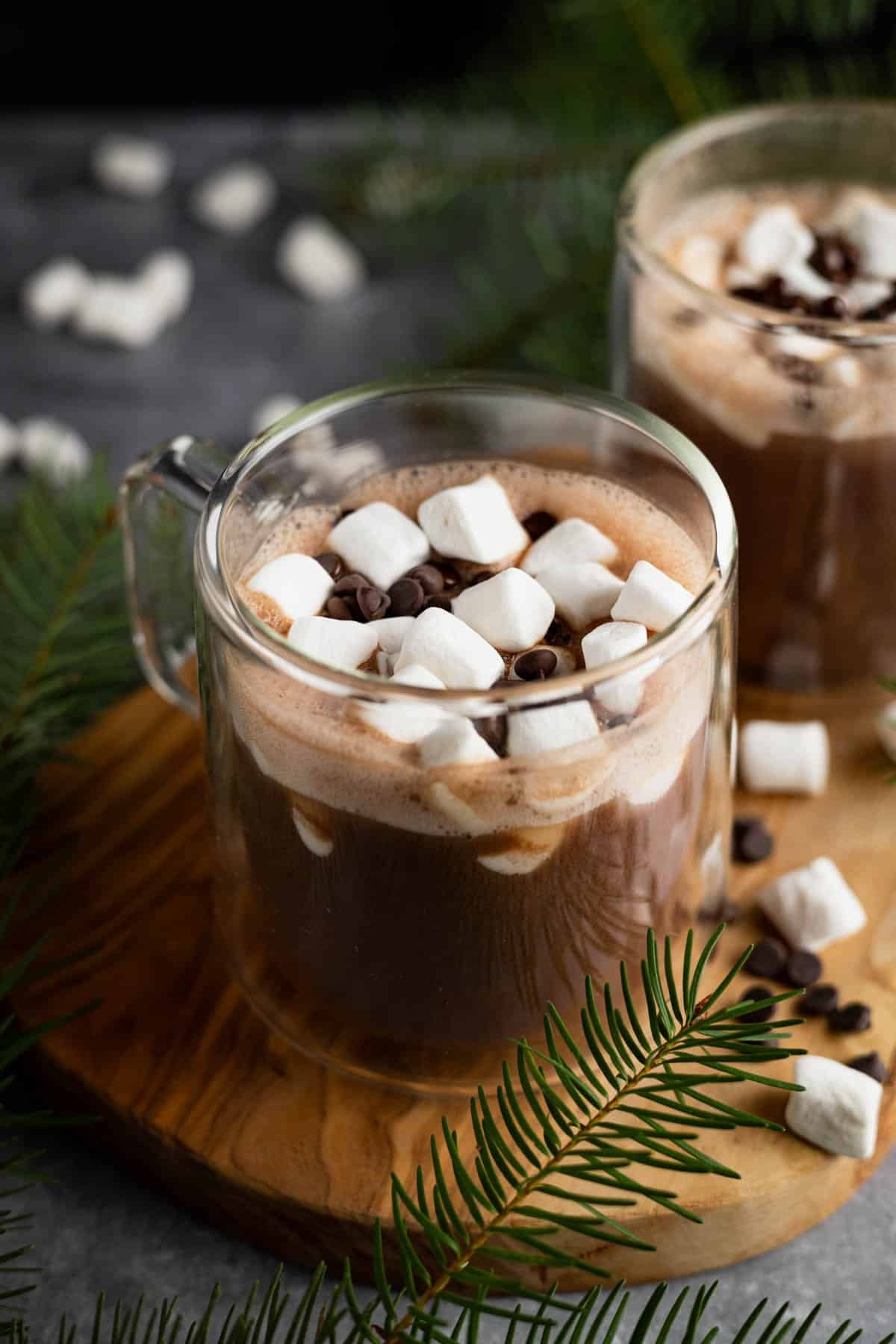Two glass mugs of hot chocolate topped with marshmallows and chocolate chips, surrounded by pine branches.