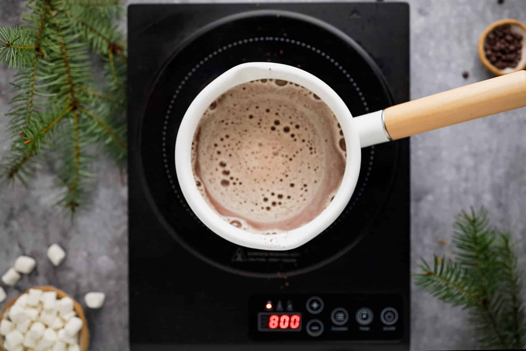 A pot of hot chocolate on an electric stovetop, surrounded by pine branches.