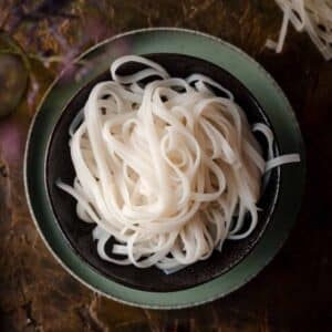 Bowl of freshly cooked rice noodles.