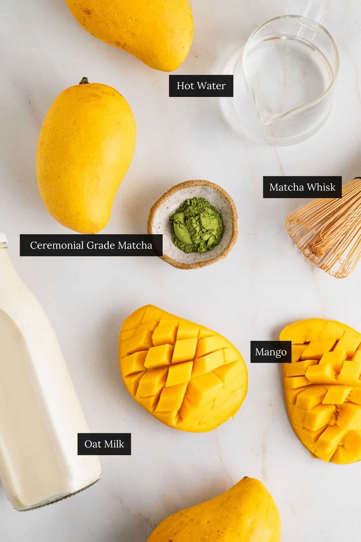 Ingredients for iced mango matcha latte labeled.