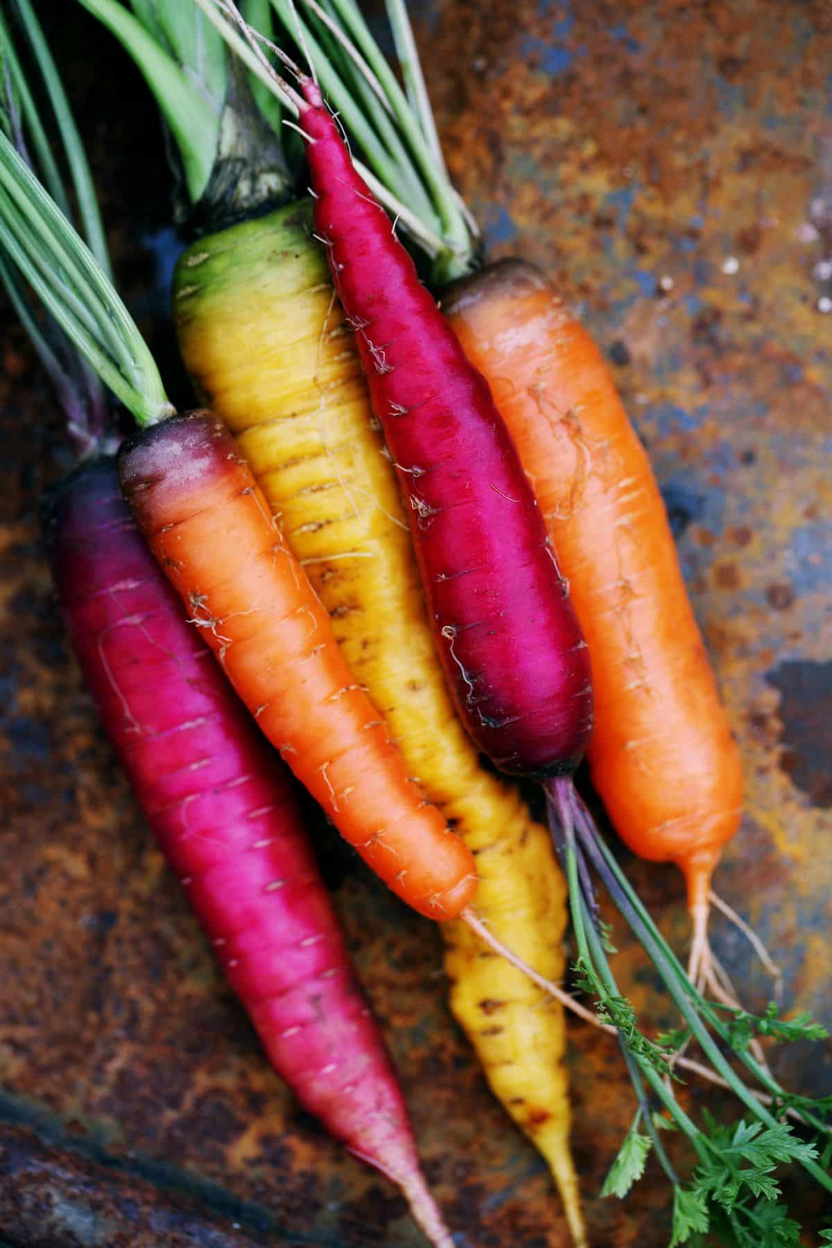 Cool rainbow carrots in a bundle.