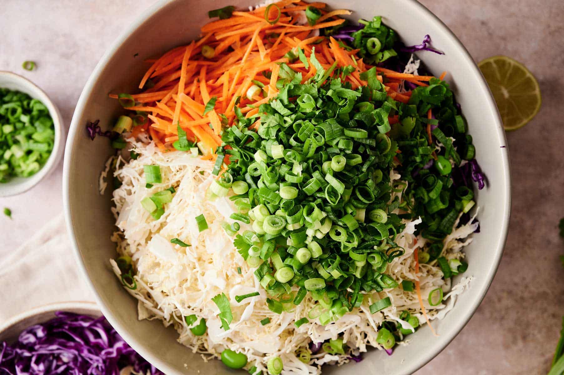 Ingredients for the spring roll salad in a large mixing bowl.