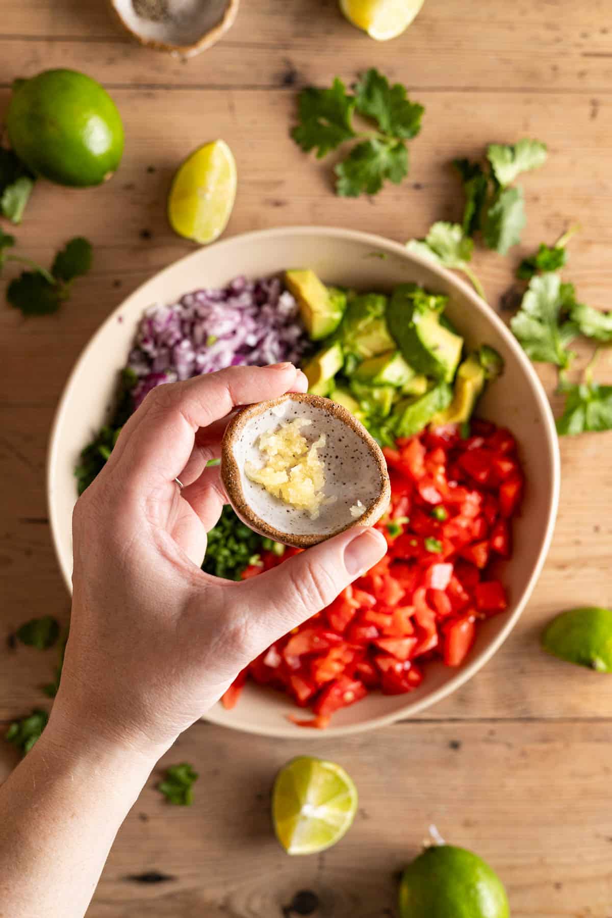 Chopped red onion, avocado, cilantro, and tomatoes added to a shallow bowl.