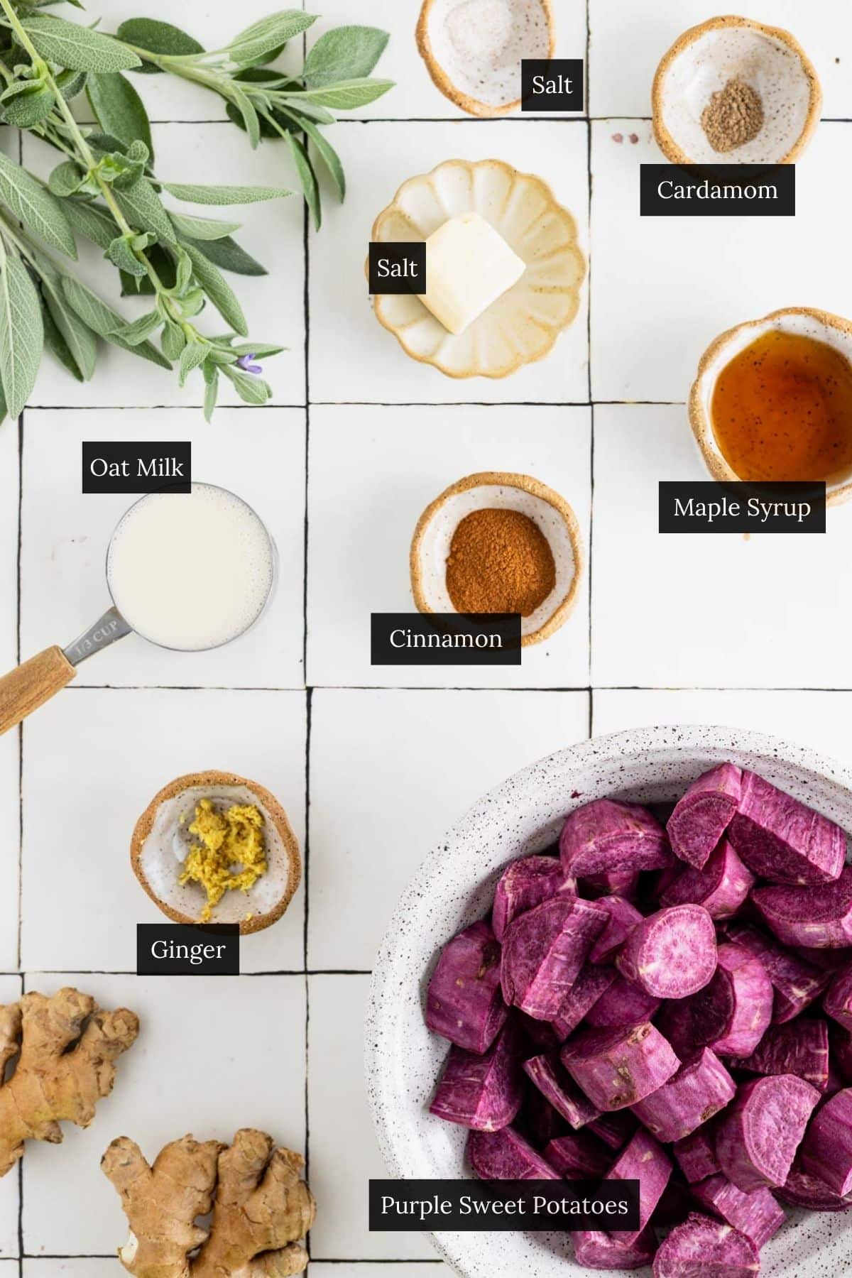 Ingredients for mashed purple sweet potatoes on a tile counter with each ingredient labeled.